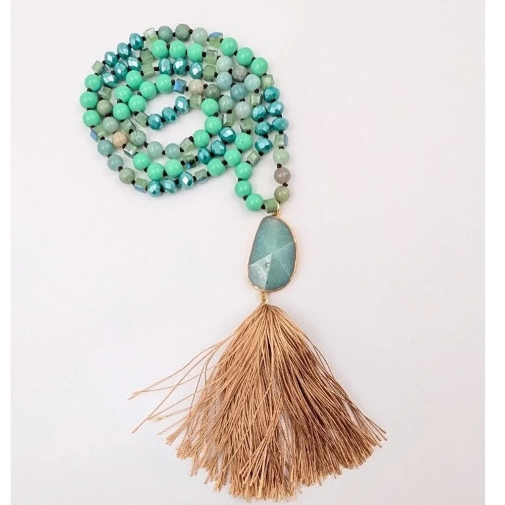 Boho Statement Necklace Lot Set of 3 Turquoise Color Bead Tassel Peacock Pendant